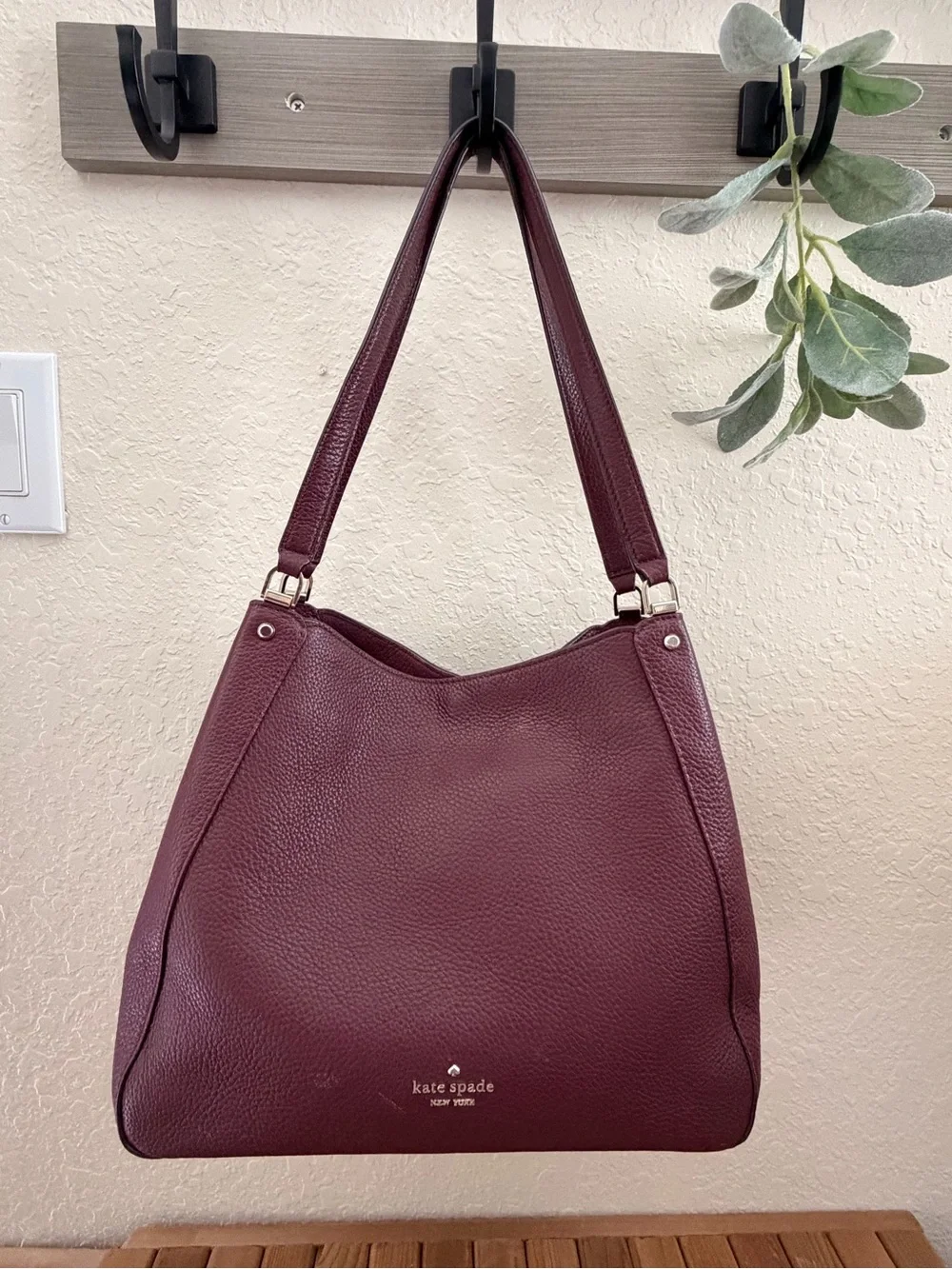 Kate Spade Pebbled Leather Shoulder Tote in Burgundy Wine